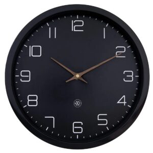 An eco-friendly clock made from bioplastic and paper, inn a stunning black with white numbers and wood effect hands